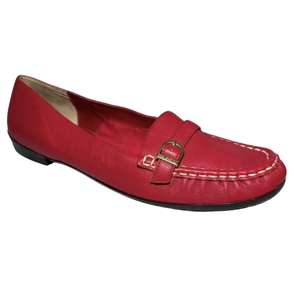 Ann Marino Red Leather Moccasin Loafers with Gold Buckle - Picture 4 of 11